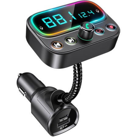 Goigrn Bluetooth FM Transmitter, Bluetooth Adapter Auto mit Dual Mikrofon, PD 18W Schnelllade, Unterstützt USB-Stick und Aux Ausgang